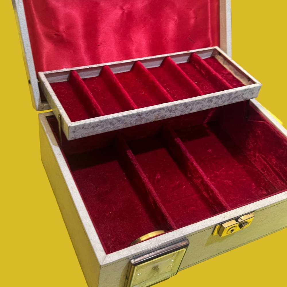 Vintage Sheffield Jewelry Box with Clock Cream Red Velvet 1950s - MCM  Art Deco